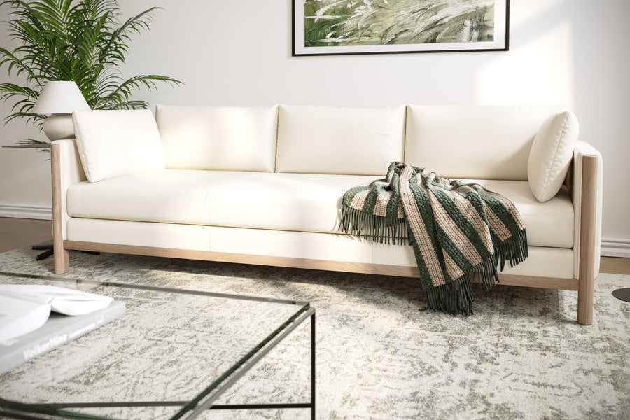 Matera Leather Three Seats Sofa with Wooden Legs, Beige