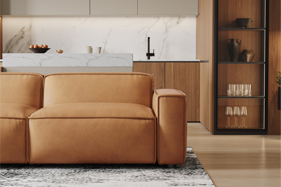 Valencia Nathan Aniline Leather Modular Sofa with Down Feather, Loveseat, Caramel Brown