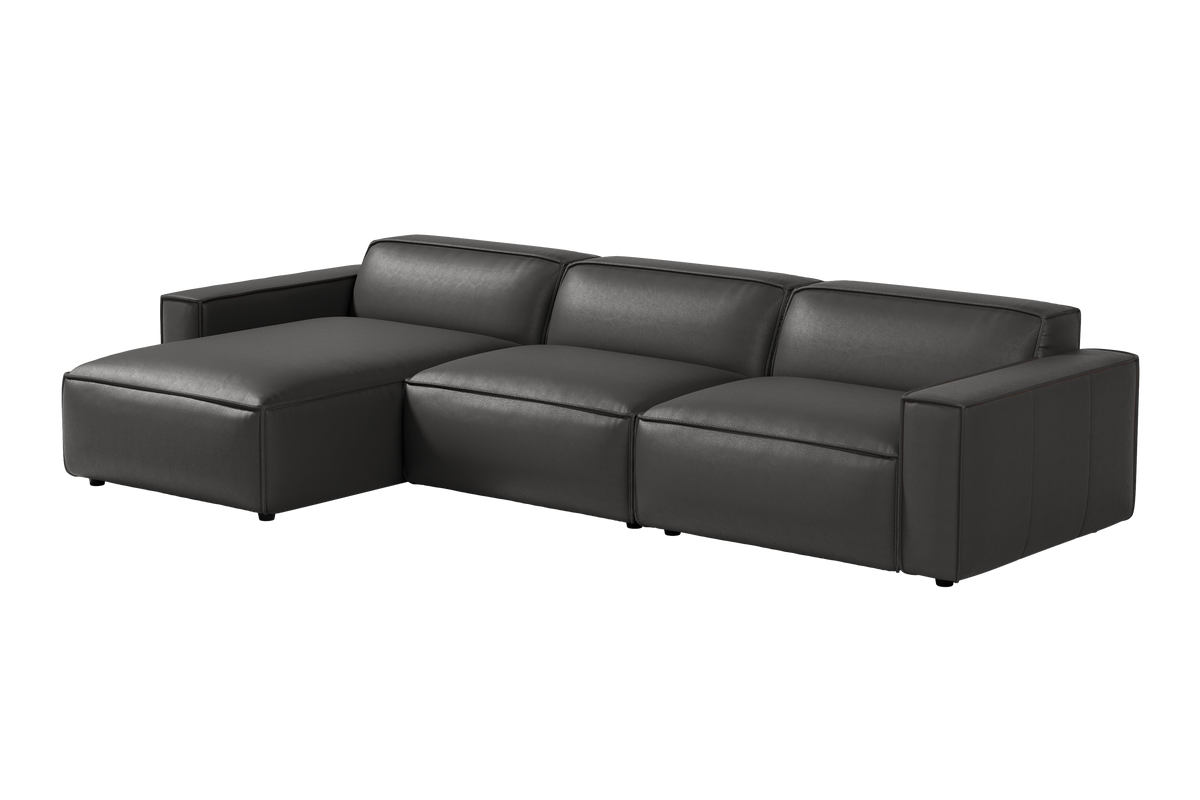 Valencia Nathan Aniline Leather Modular Left Chaise Lounge with Down Feather, Black