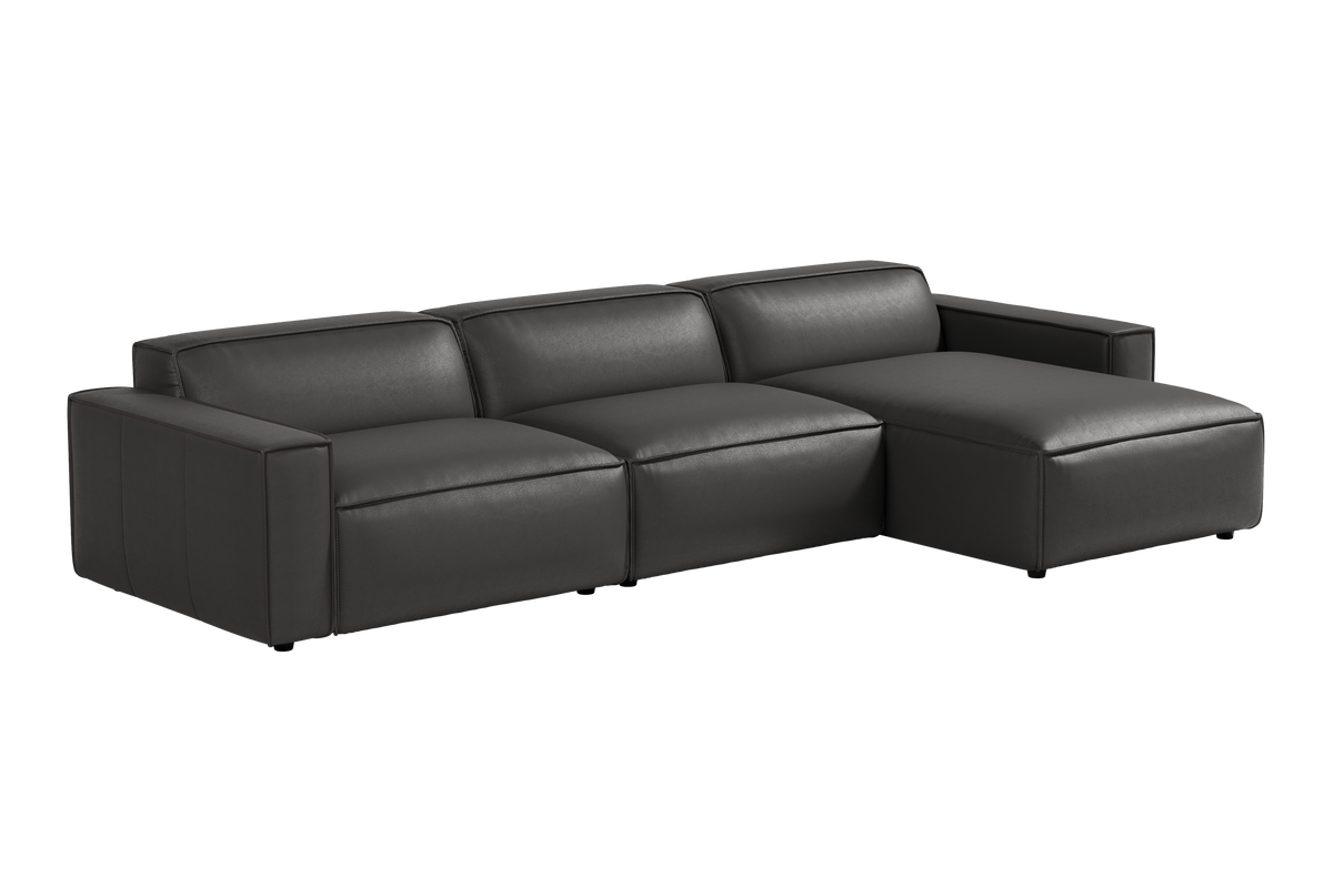 Valencia Nathan Aniline Leather Modular Right Chaise Lounge with Down Feather, Black