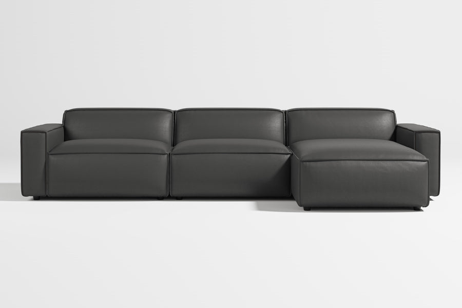 Valencia Nathan Aniline Leather Modular Right Chaise Sofa with Down Feather, Black