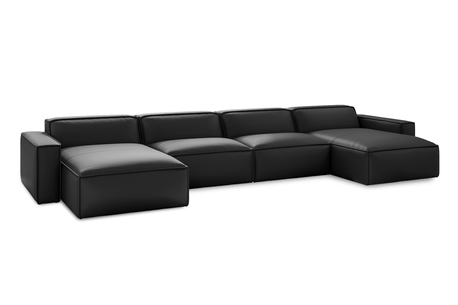 Valencia Nathan Aniline Leather Modular Lounge with Down Feather, Row of 4 Double Chaises, Black Color