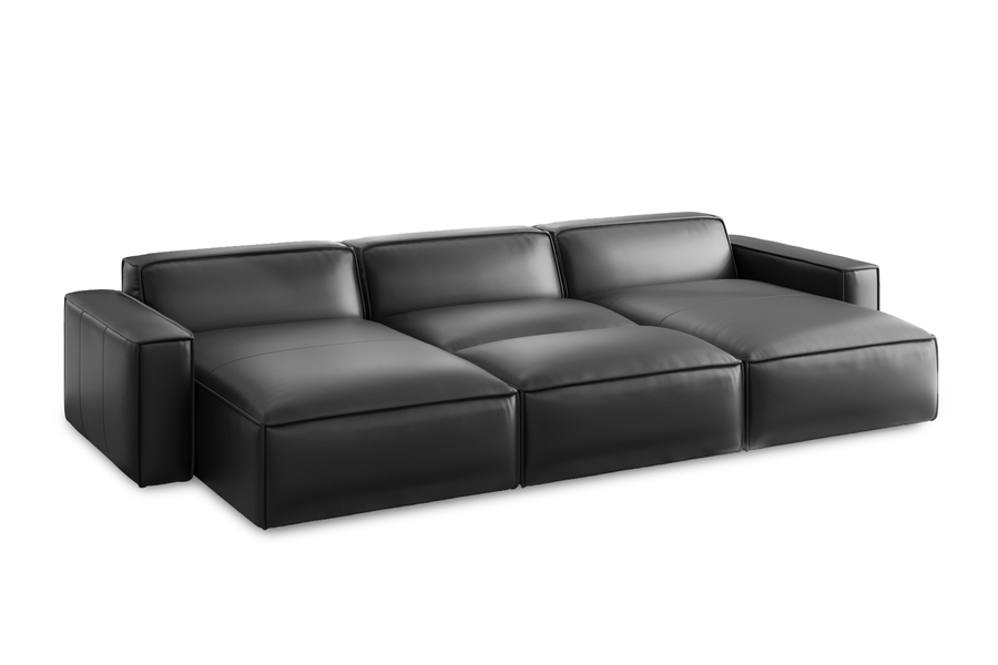 Valencia Nathan Aniline Leather Modular Lounge with Down Feather, Bed Shape, Black