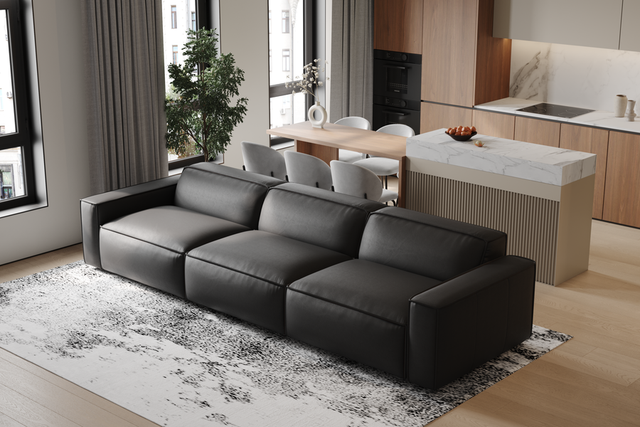 Valencia Nathan Aniline Leather Modular Lounge Three Seats Lounge with Down Feather, Black