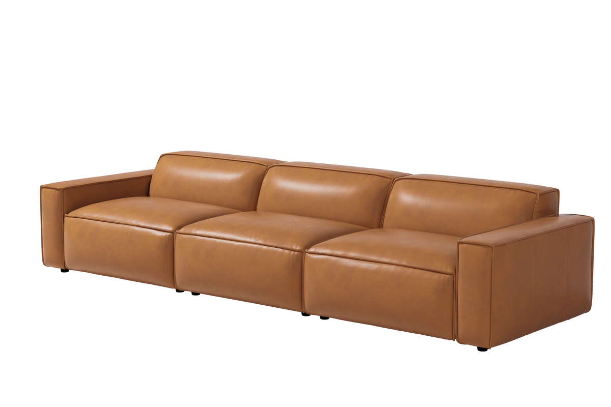 Valencia Nathan Aniline Leather Modular Three Seats Lounge with Down Feather, Caramel Brown