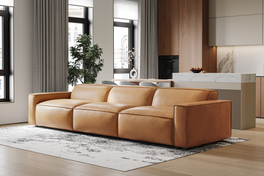 Valencia Nathan Aniline Leather Modular Three Seats Lounge with Down Feather, Caramel Brown