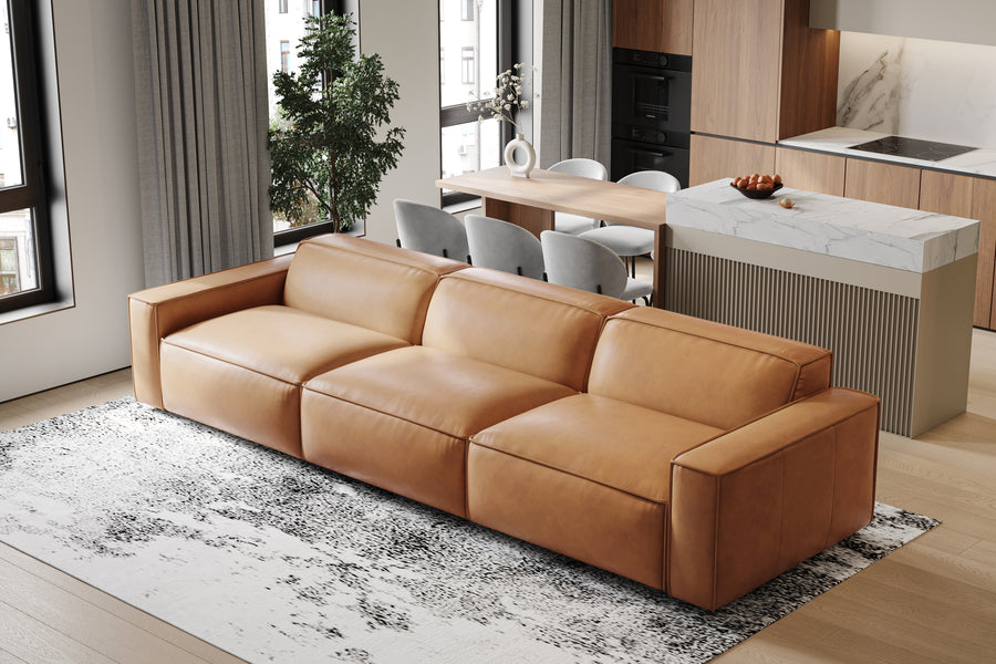 Valencia Nathan Aniline Leather Modular Three Seats Lounge with Down Feather, Caramel Brown