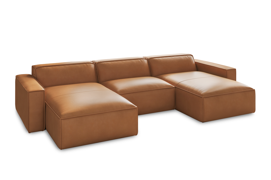 Valencia Nathan Aniline Leather Modular Lounge with Down Feather, Row of 3 Double Chaises, Caramel Brown