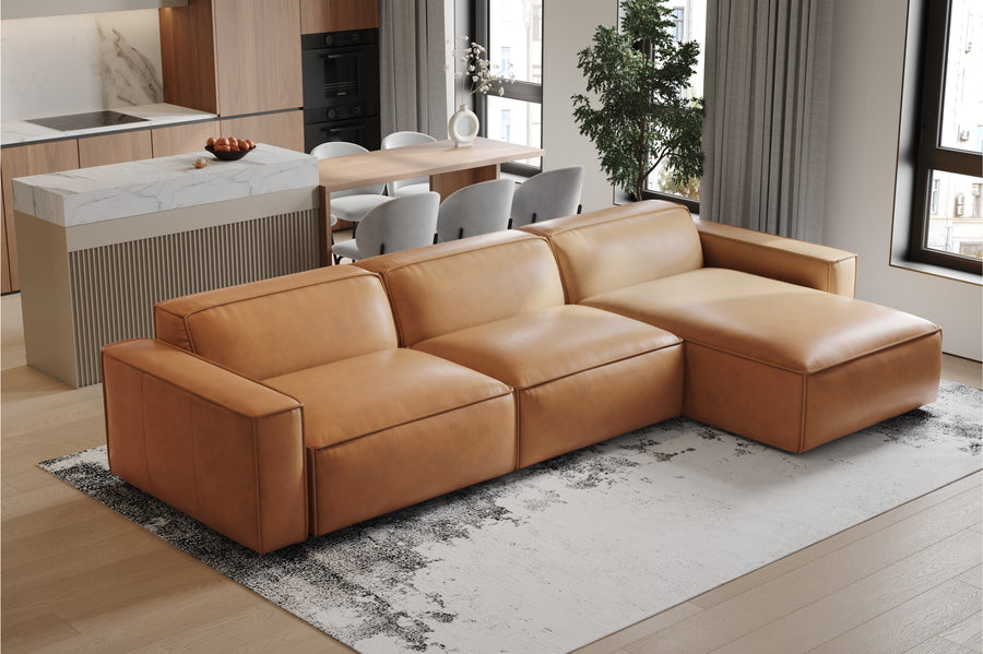 Valencia Nathan Aniline Leather Modular Right Chaise Sofa with Down Feather, Caramel Brown