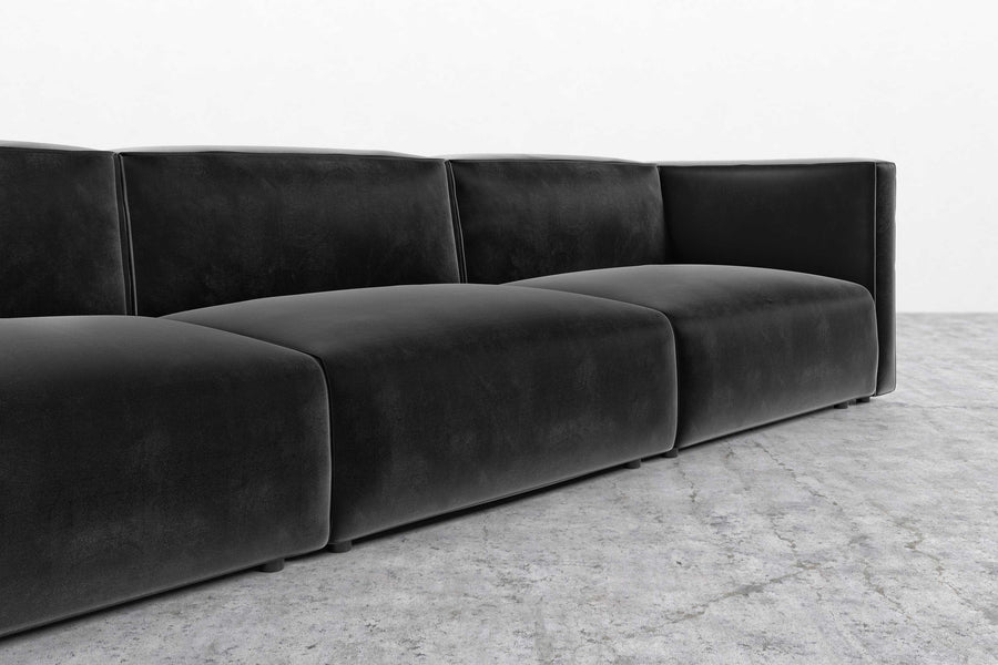 Valencia Obsidian Velvet Fabric Three Seats Open Left Sofa, Black