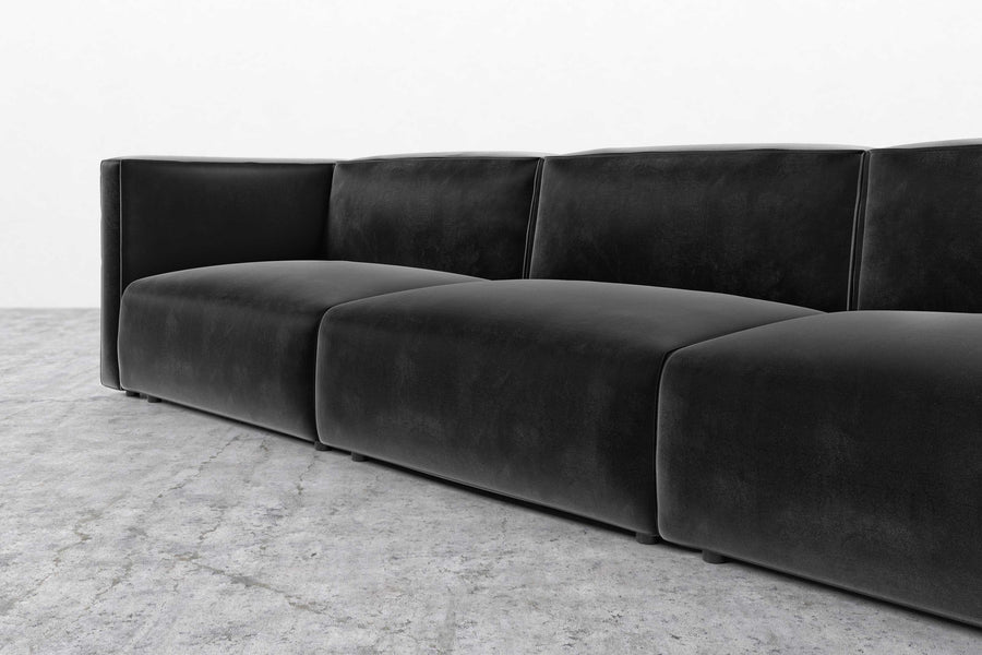 Valencia Obsidian Velvet Fabric Three Seats Open Right Sofa, Black