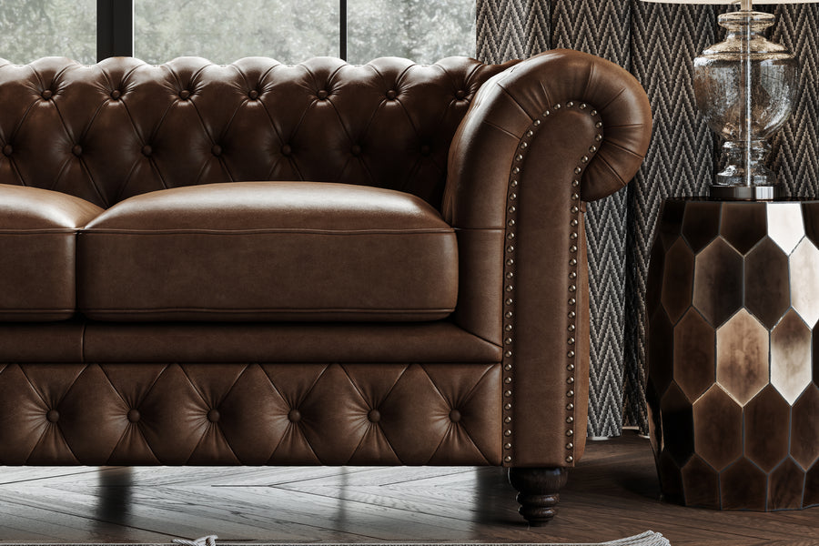 Valencia Parma 82" Full Aniline Leather Chesterfield Three Seats Lounge, Dark Chocolate