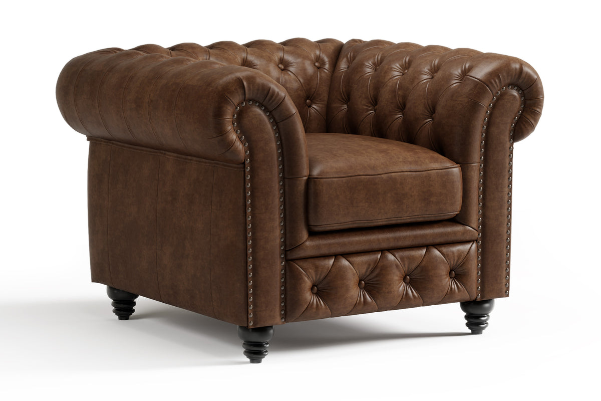 Valencia Parma Full Aniline Leather Chesterfield Single Lounge Accent Chair, Dark Chocolate