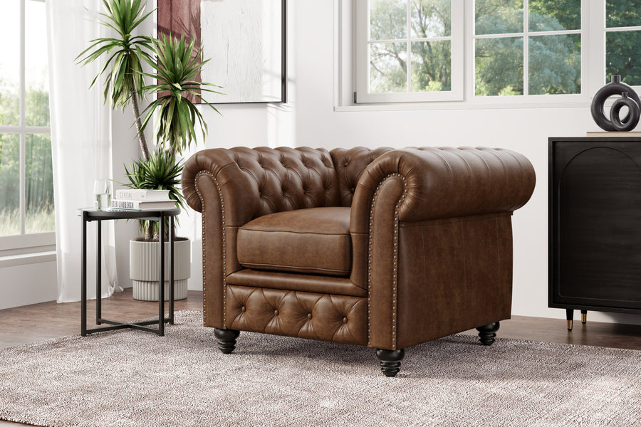 Valencia Parma Full Aniline Leather Chesterfield Single Lounge Accent Chair, Dark Chocolate