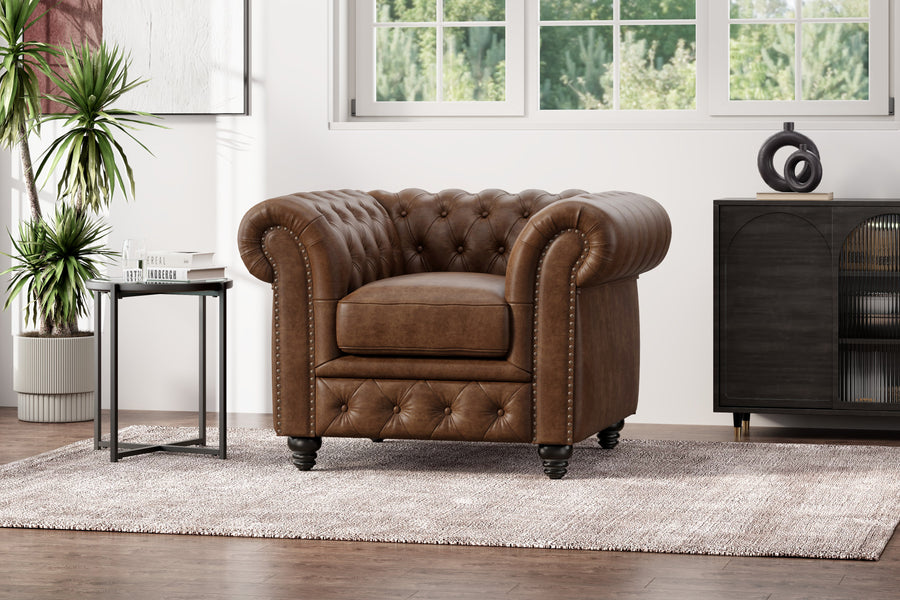 Valencia Parma Full Aniline Leather Chesterfield Single Lounge Accent Chair, Dark Chocolate