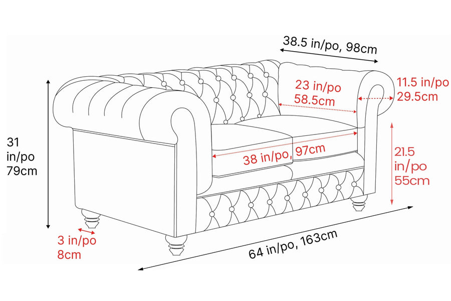 Valencia Parma 64" Full Aniline Leather Chesterfield Loveseat Lounge, Dark Chocolate