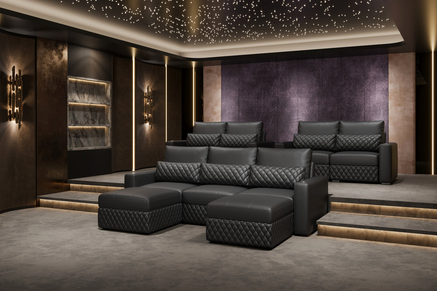 Valencia Pisa Top Grain Nappa 11000 Leather Lounge Sectional Lounge Three Seats with 3 Ottomans, Black