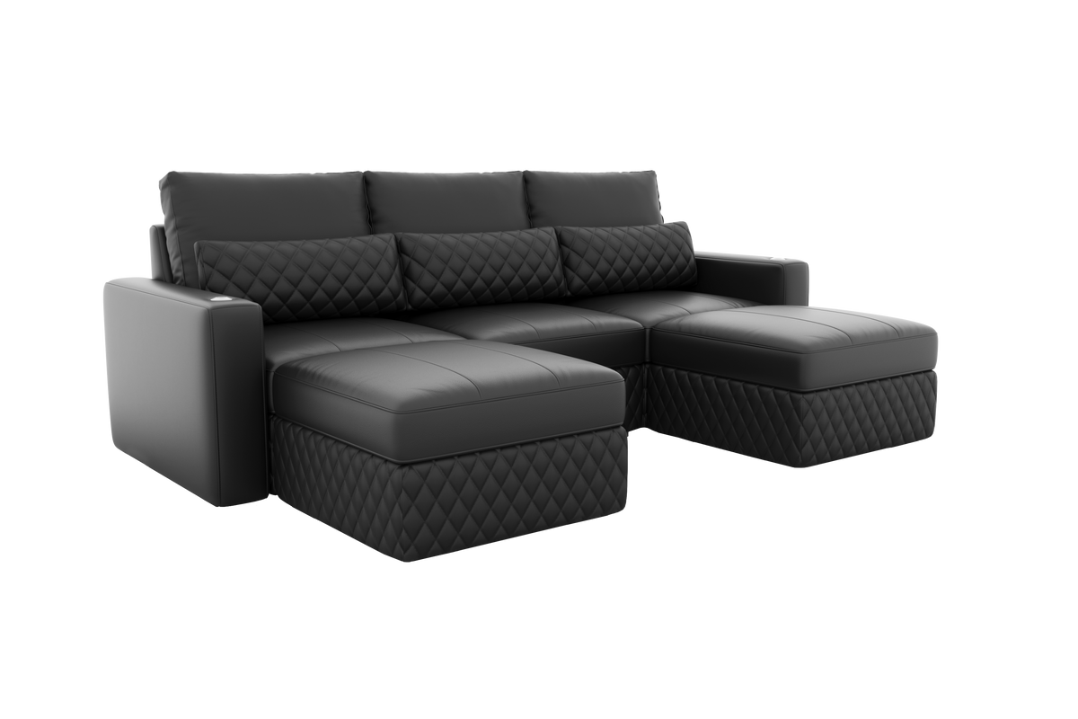 Valencia Pisa Top Grain Nappa 11000 Leather Lounge Sectional Lounge, Three Seats with 2 Ottomans, Black