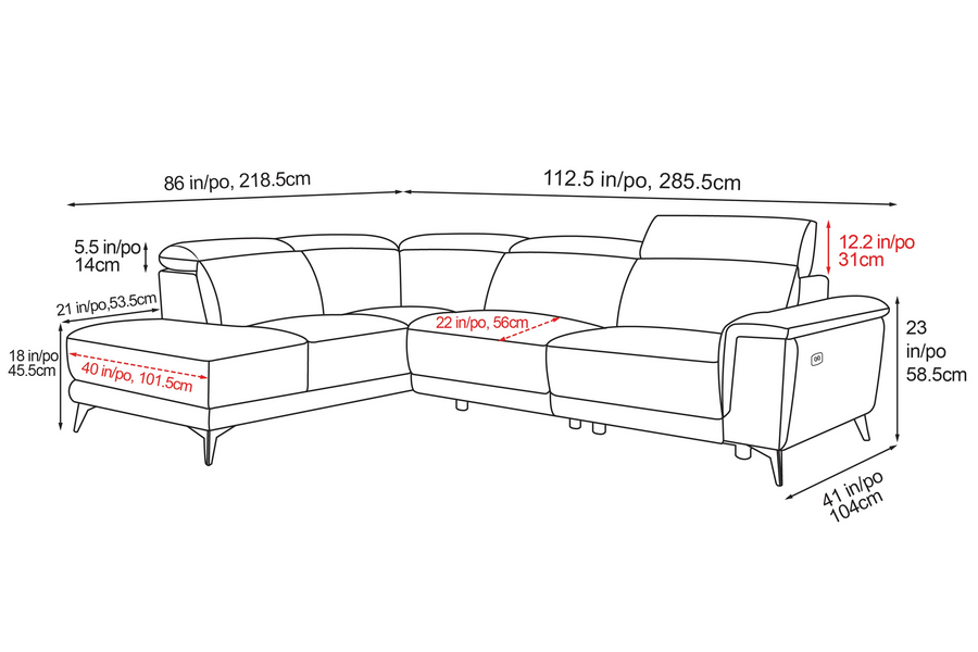 Valencia Pista Modern Top Grain Leather Left-Hand Facing Sectional Lounge, Grey