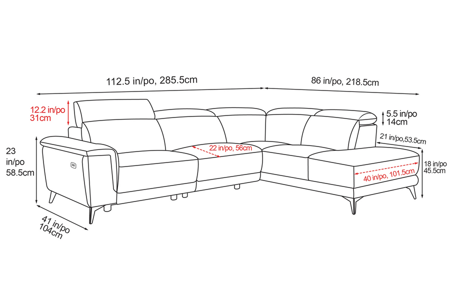 Valencia Pista Modern Top Grain Leather Reclining Sectional Lounge with Right-Hand Facing Chaise, Grey