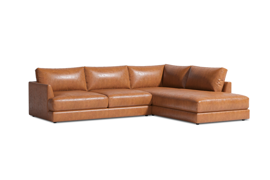 Valencia Serena Leather Three Seats with Right Chaise Sectional Lounge, Cognac