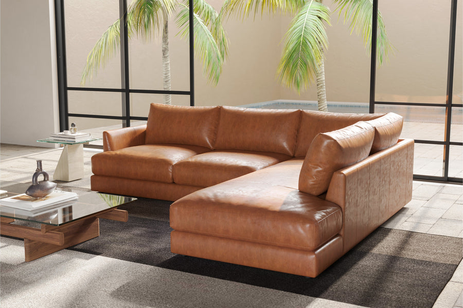 Valencia Serena Leather Three Seats with Right Chaise Sectional Lounge, Cognac