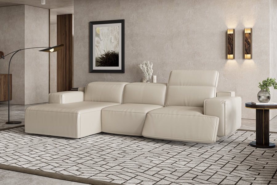 Valencia Valentina Leather Three Seats with Left Chaise Recliner Sofa, Beige