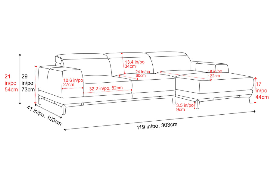 Valencia Valletta Top Grain Leather Three Seats with Right Chaise Lounge, Cognac