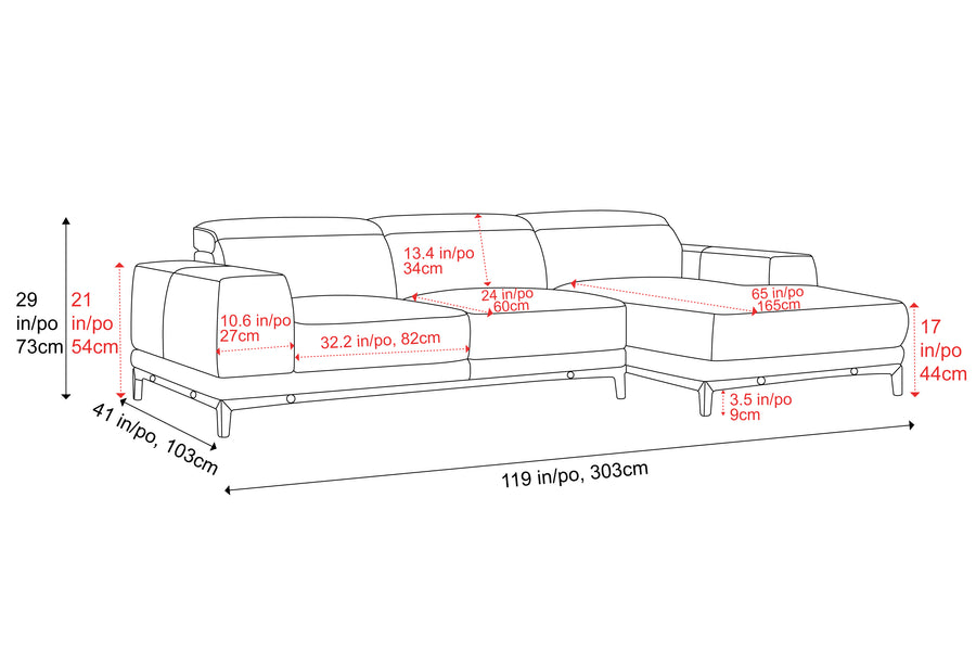 Valencia Valletta Top Grain Leather Three Seats with Right Chaise Lounge, Rose Beige