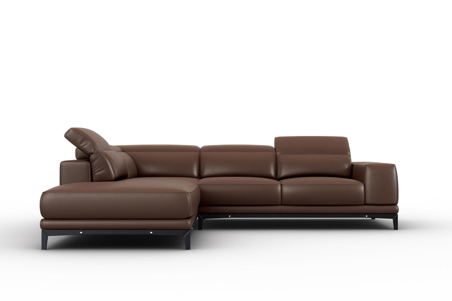 Valletta Sectional Leather Lounge, L-Shape & Left Chaise, Dark Brown