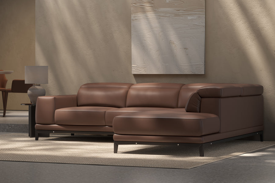 Valletta Sectional Leather Lounge, L-Shape & Right Chaise, Dark Brown