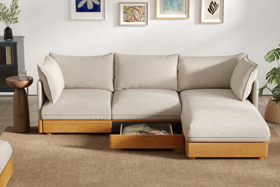 Valencia Vigo Fabric Three Seats with Right Chaise with Storages Sectional Lounge, Light Grey