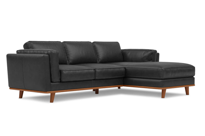 Valencia Artisan Top Grain Leather Three Seats with Right Chaise Leather Lounge, Black
