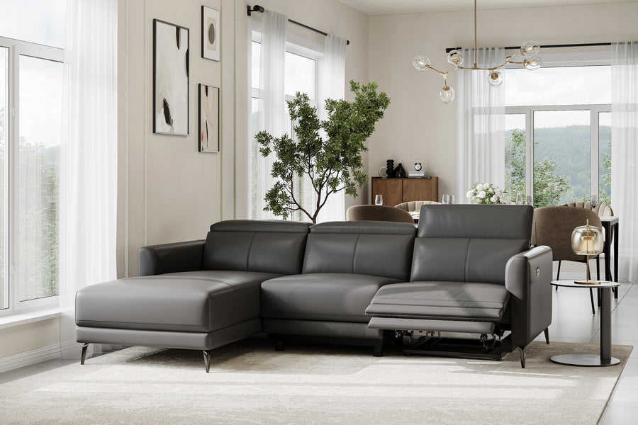 Valencia Andria Modern Left Hand Facing Top Grain Leather Reclining Sectional Lounge, Grey