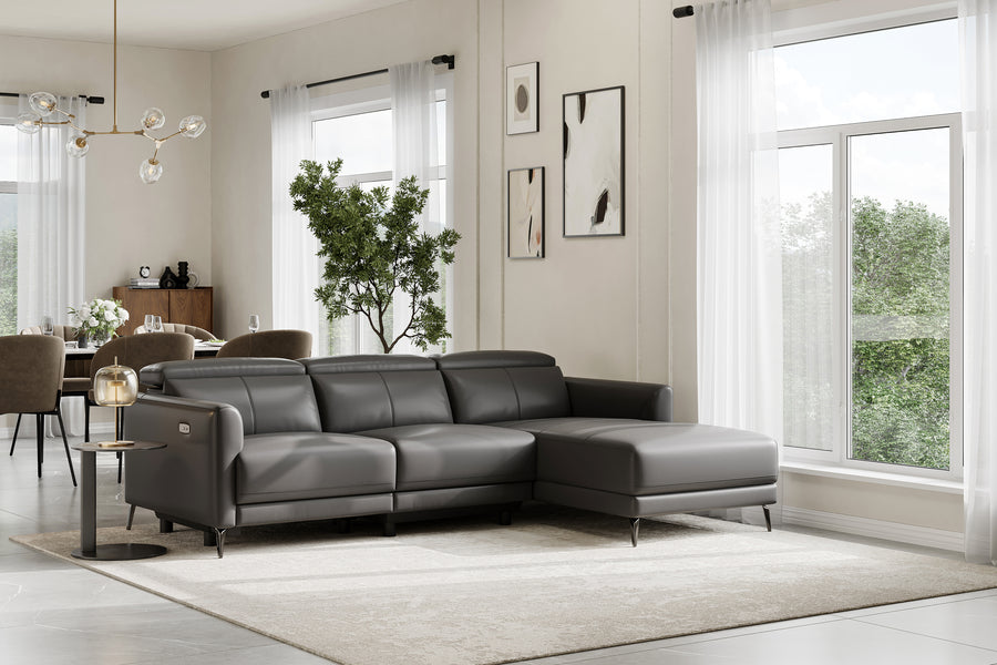 Valencia Andria Modern Right Hand Facing Top Grain Leather Reclining Sectional Lounge, Grey