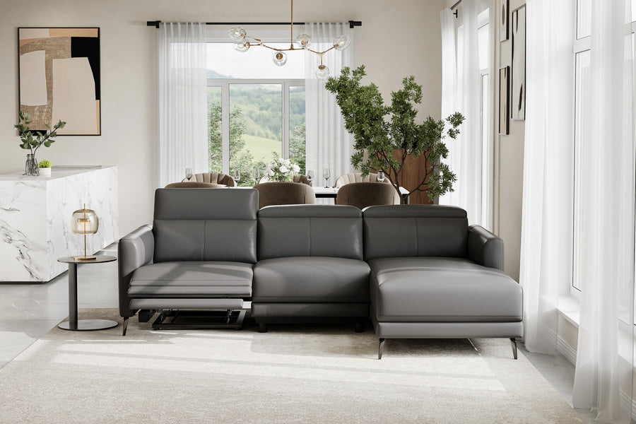 Valencia Andria Modern Right Hand Facing Top Grain Leather Reclining Sectional Lounge, Grey