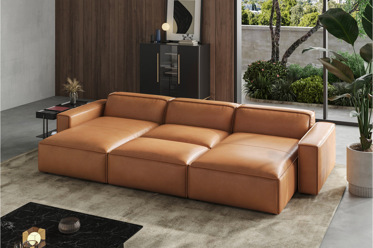 Valencia Nathan Aniline Leather Modular Lounge with Down Feather, Bed Shape, Caramel Brown