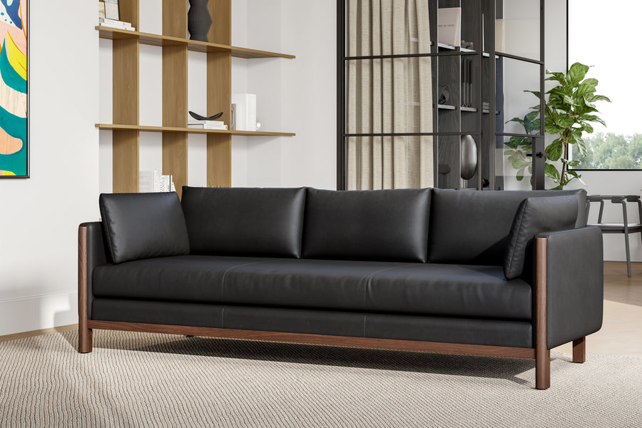 Matera Leather Three Seats Sofa with Wooden Legs, Black