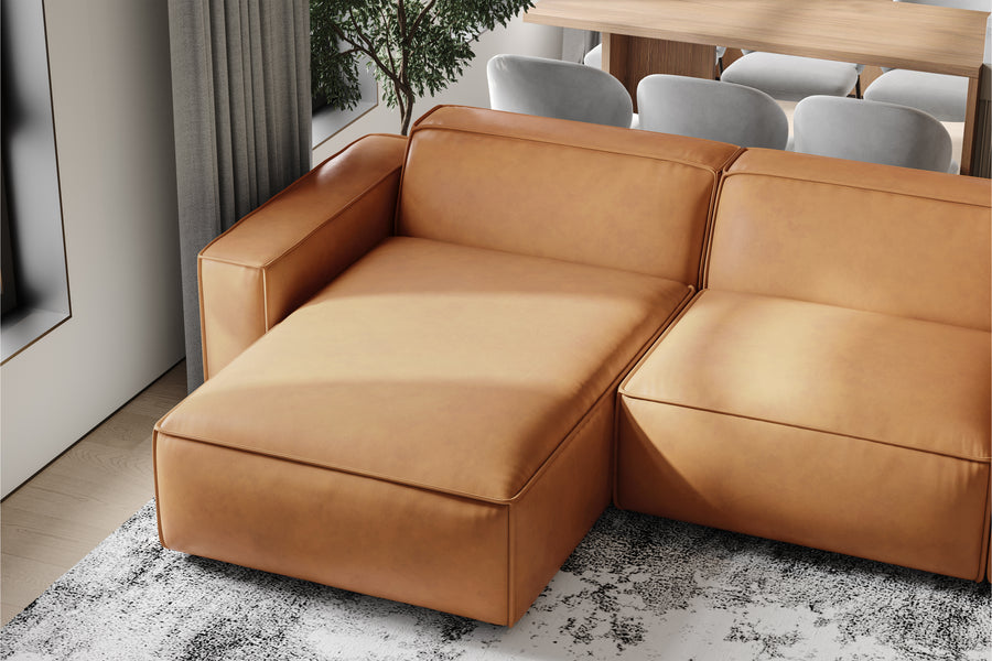 Valencia Nathan Aniline Leather Modular Sofa with Down Feather, Row of 4 with 2 Chaises, Caramel Brown