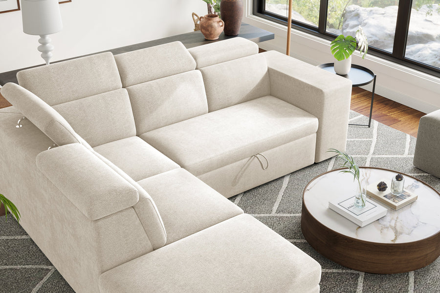Valencia Finn Fabric Sectional Lounge Bed with Left Hand Storage, Beige Color