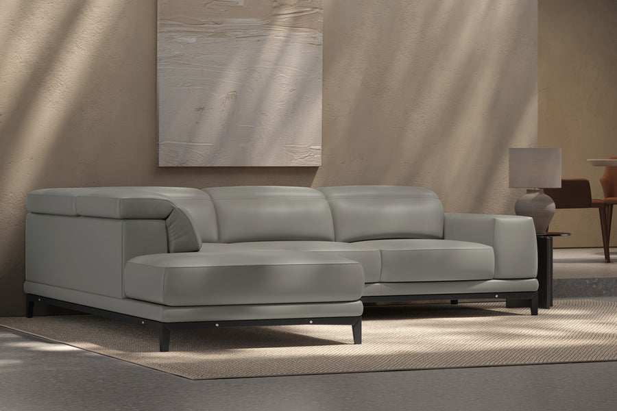 Valletta Sectional Leather Lounge, L-Shape & Left Chaise, Light Grey