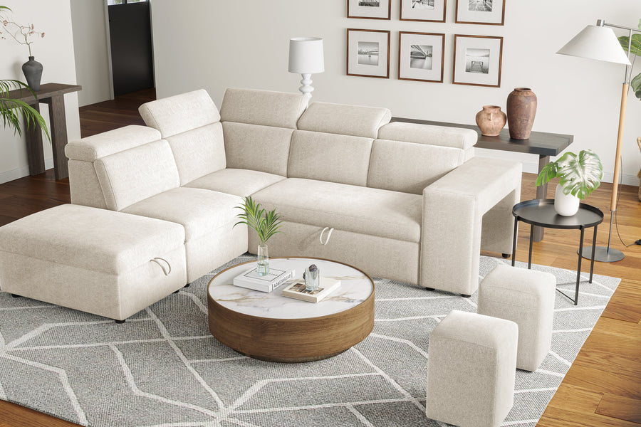 Valencia Finn Fabric Sectional Lounge Bed with Left Hand Storage, Beige Color