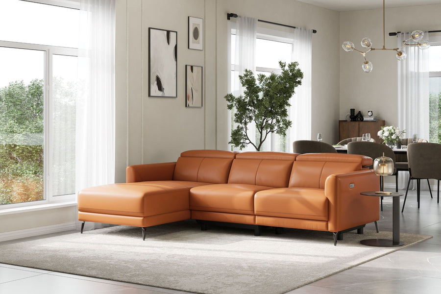 Valencia Andria Modern Left Hand Facing Top Grain Leather Reclining Sectional Lounge, Cognac Color