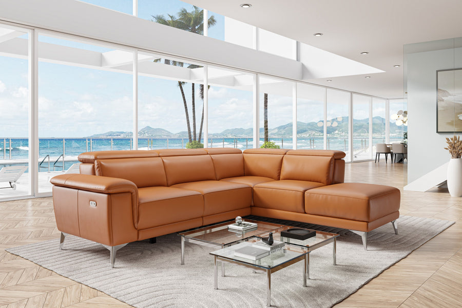 Valencia Pista Modern Top Grain Leather Reclining Sectional Sofa with Right-Hand Facing Chaise, Cognac