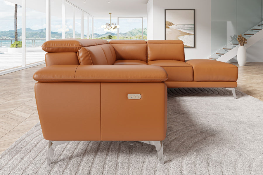 Valencia Pista Modern Top Grain Leather Reclining Sectional Lounge with Right-Hand Facing Chaise, Cognac