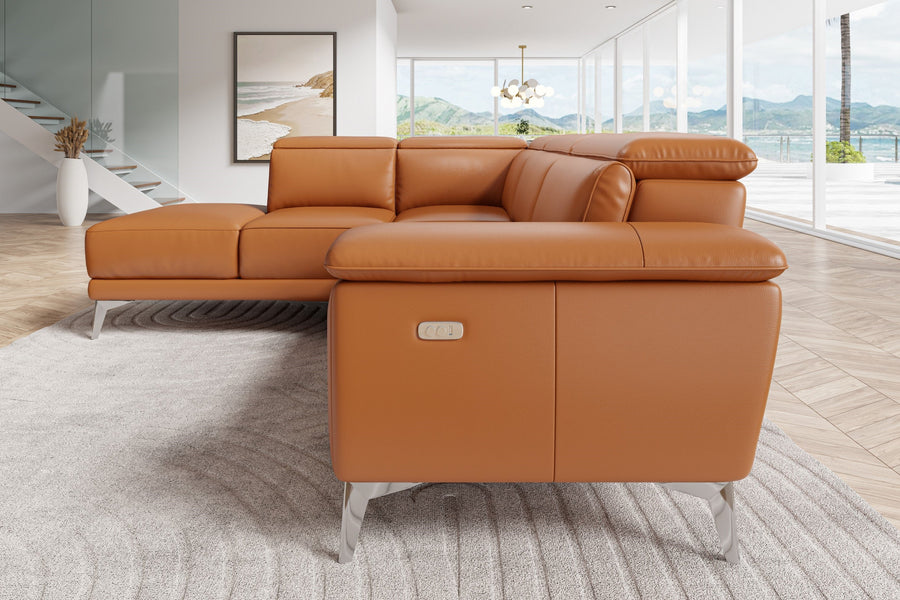 Valencia Pista Modern Top Grain Leather Reclining Sectional Sofa with Left-Hand Facing Chaise, Cognac