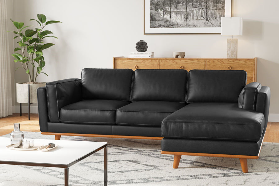 Valencia Artisan Top Grain Leather Three Seats with Right Chaise Leather Sofa, Black