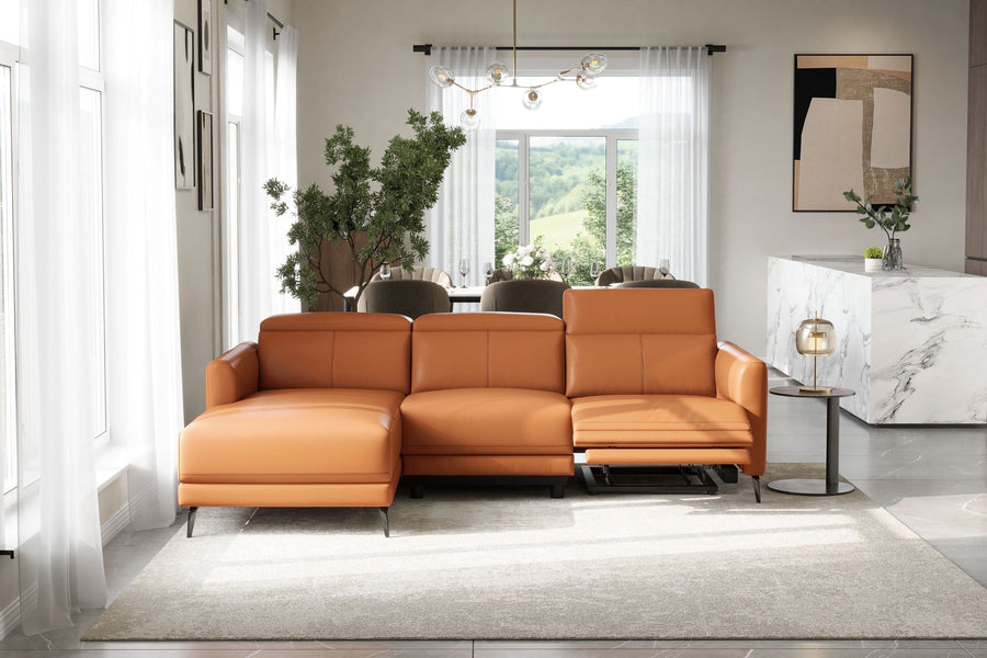 Valencia Andria Modern Left Hand Facing Top Grain Leather Reclining Sectional Sofa, Cognac Color