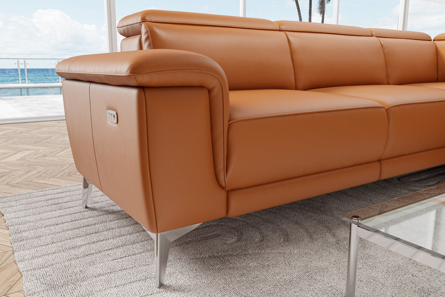 Valencia Pista Modern Top Grain Leather Reclining Sectional Lounge with Right-Hand Facing Chaise, Cognac