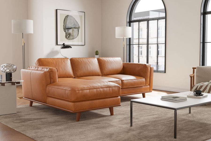 Valencia Artisan Top Grain Leather Three Seats with Left Chaise Leather Lounge, Cognac